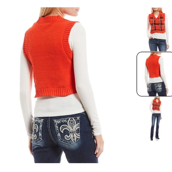Say What Orange Plaid V Neck Crop Sweater Sleeveless Vest Size Xl NWT - Picture 4 of 12